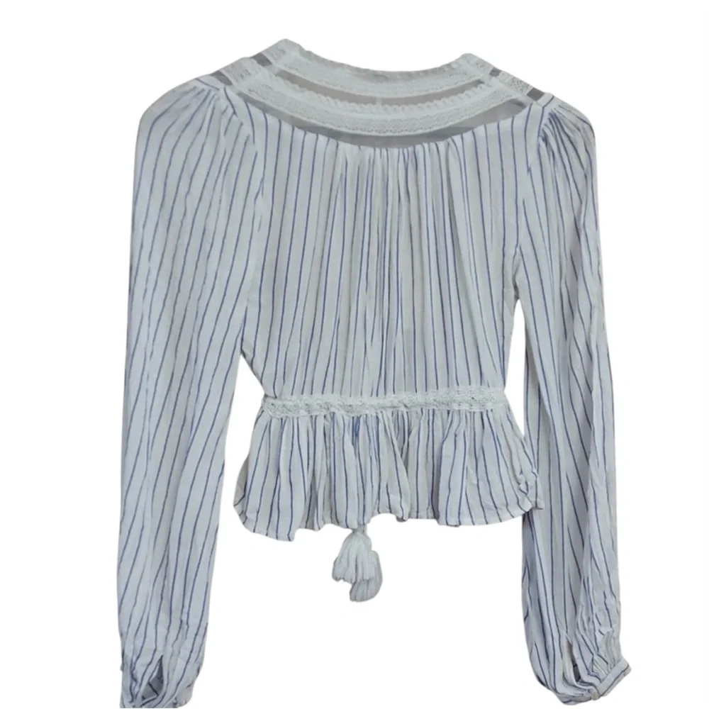 Free People | Oberoi Hippie Plunging V Neck Lace Tassel Boho Sheer Peplum Top- M - Picture 8 of 9